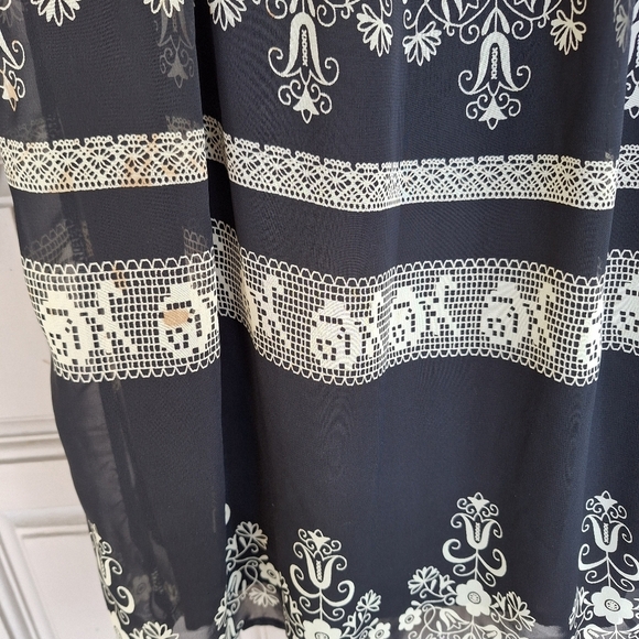 Millibon Dress Elastic Waist Black Geometric SzM Long Sleeves Cross Back Lined - Picture 7 of 12